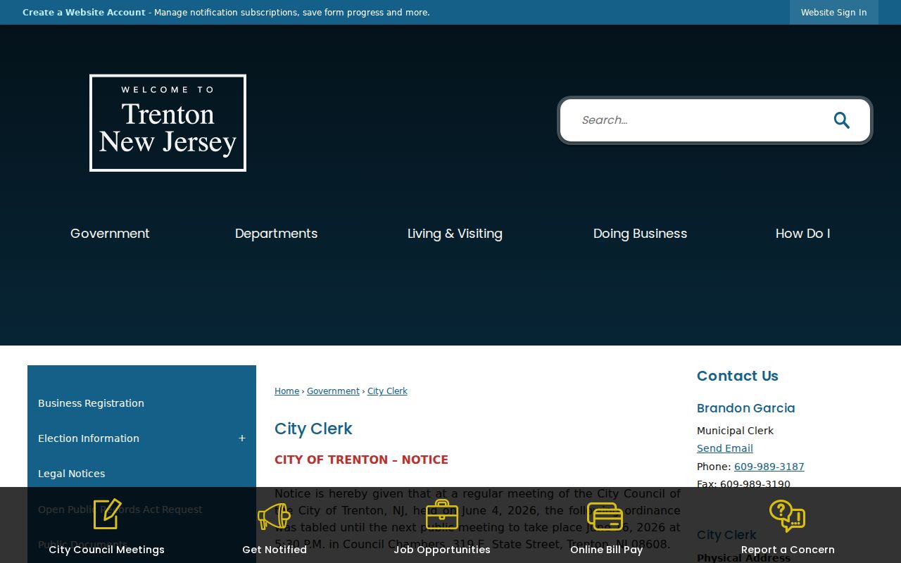 Trenton resident-directory City Clerk records service page