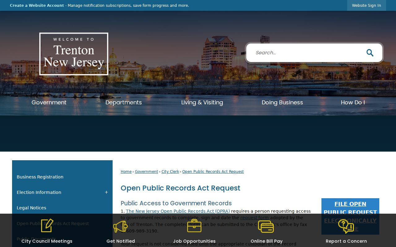 Trenton resident-directory Open Public Records Act request page