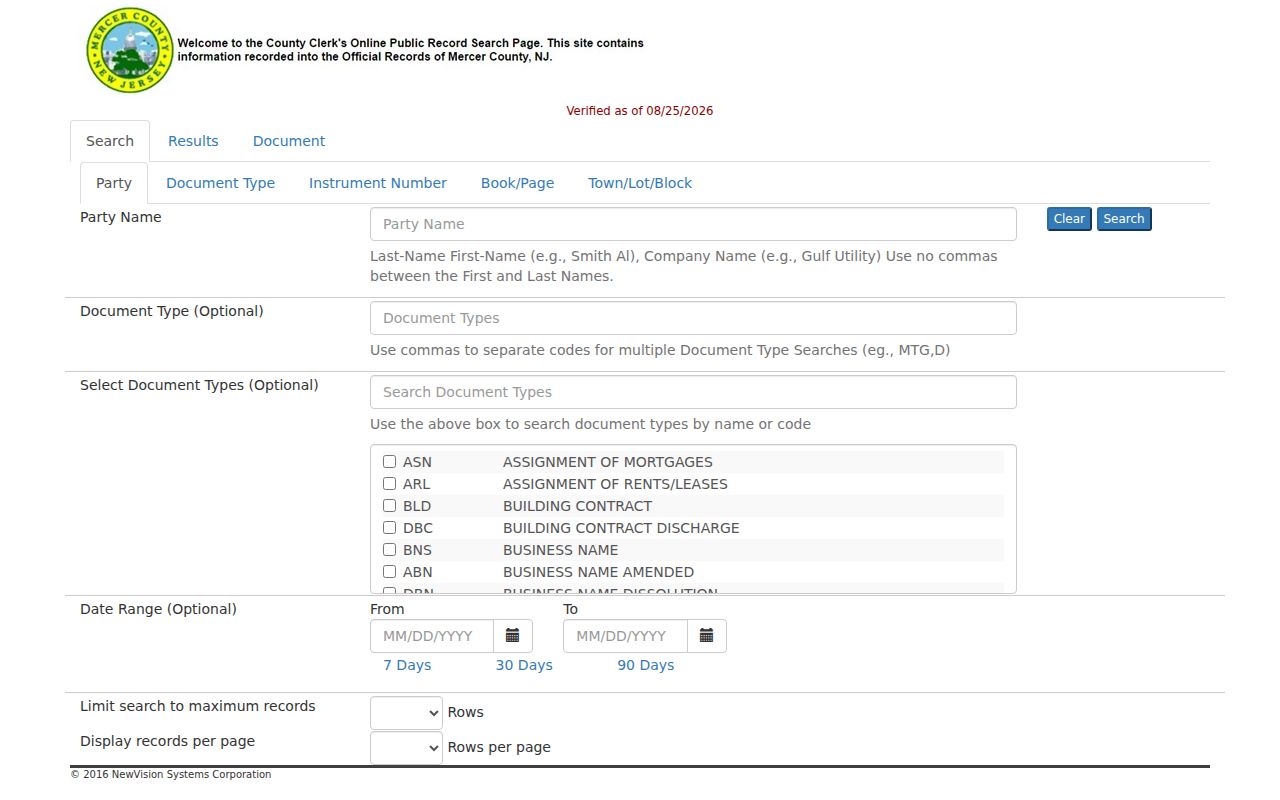 Trenton prior-resident Mercer County deed index search