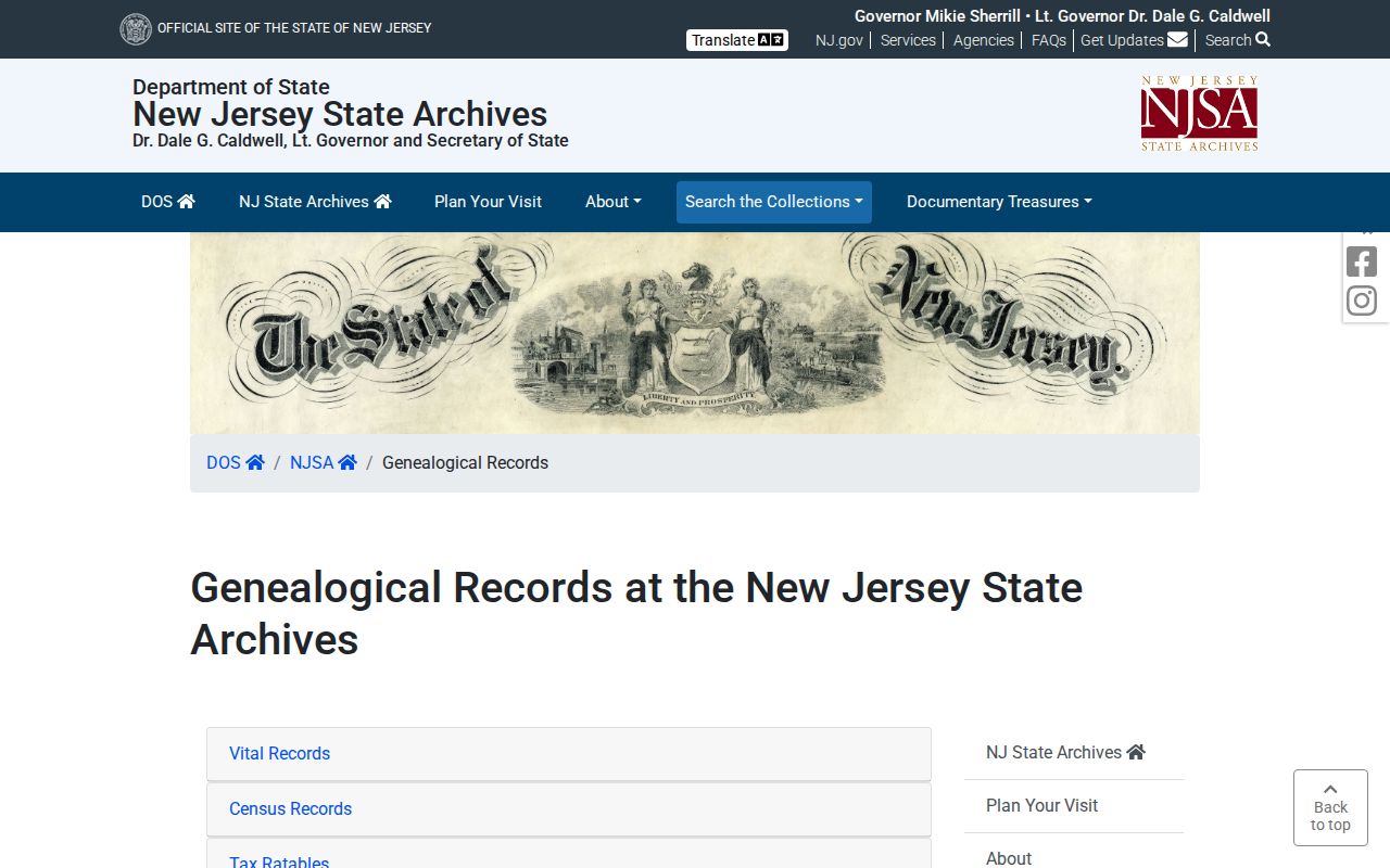 Trenton prior-resident New Jersey State Archives genealogical collections