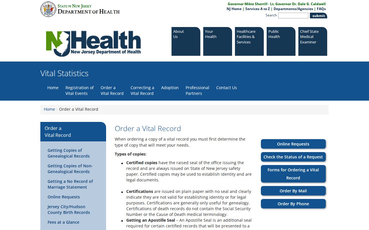 Trenton resident lookup vital-record ordering form for New Jersey