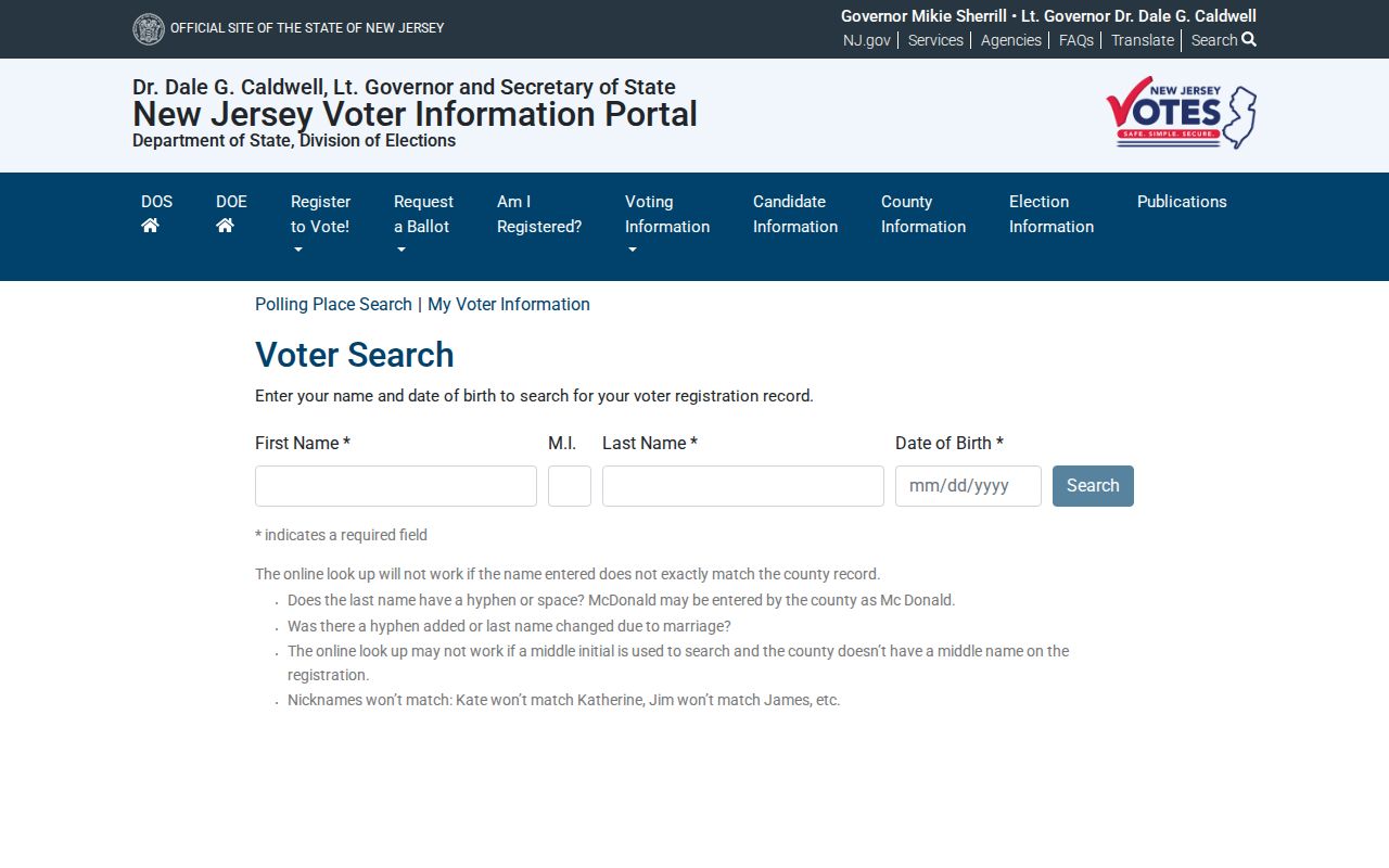 Trenton resident lookup through the New Jersey voter-status form
