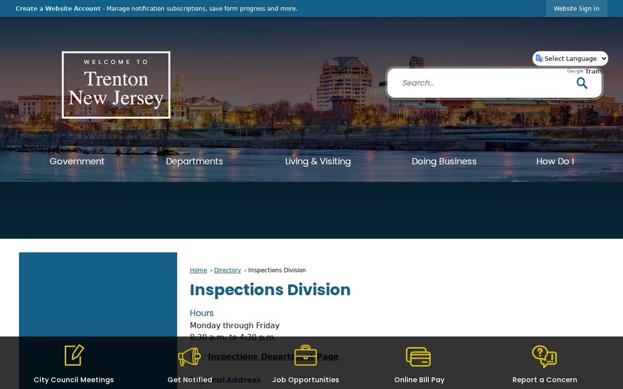 Trenton street directory Inspections Division contact page