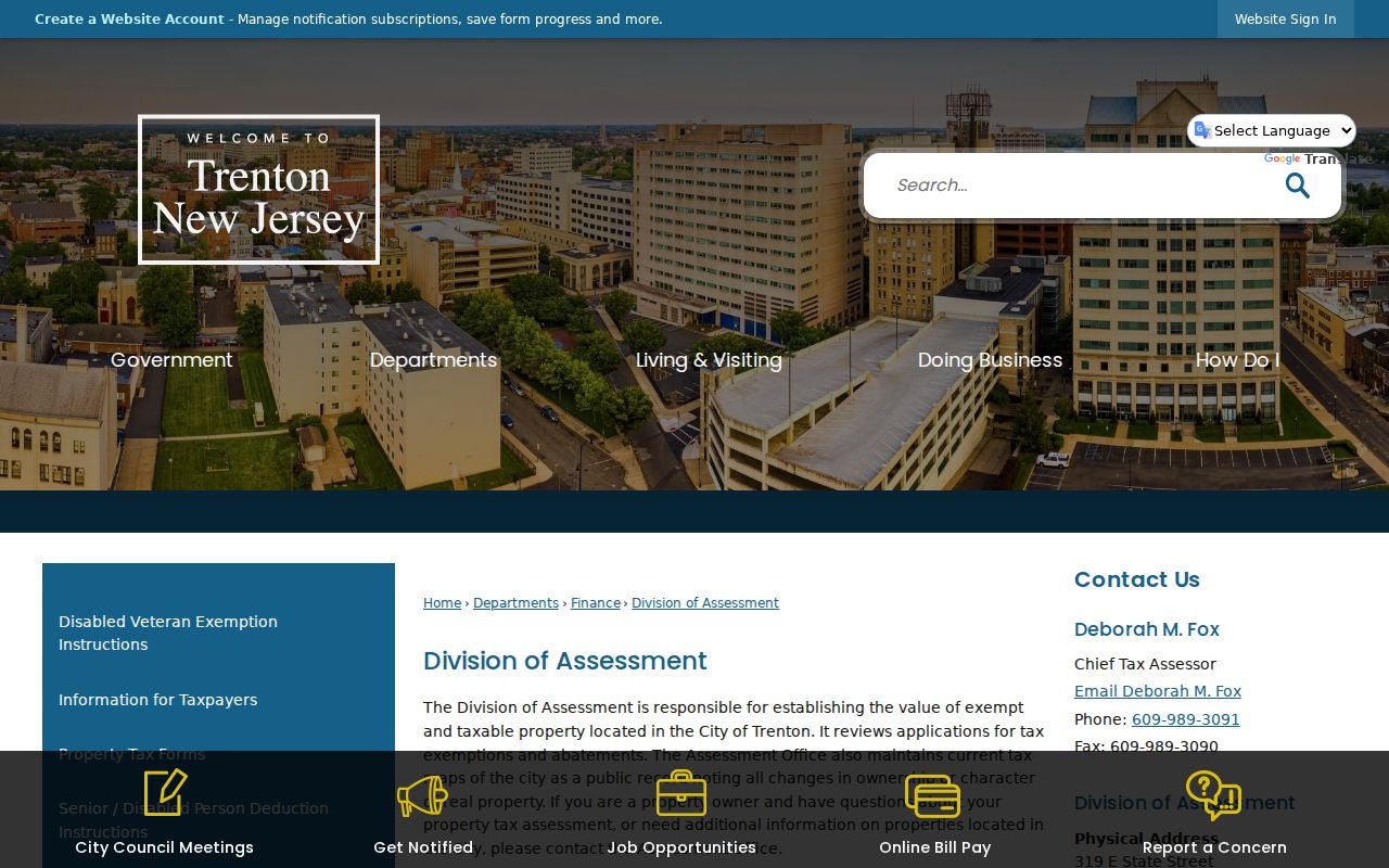 Trenton ZIP search property route through the Division of Assessment
